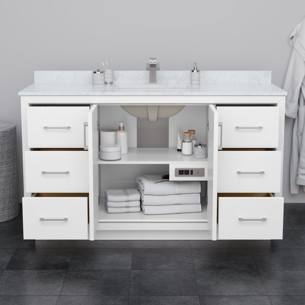 Wyndham Icon 60 Inch Single Bathroom Vanity White Carrara Marble Countertop, Undermount Square Sink with Matte Black Trim and 58 Inch Mirror - Luxe Bathroom Vanities