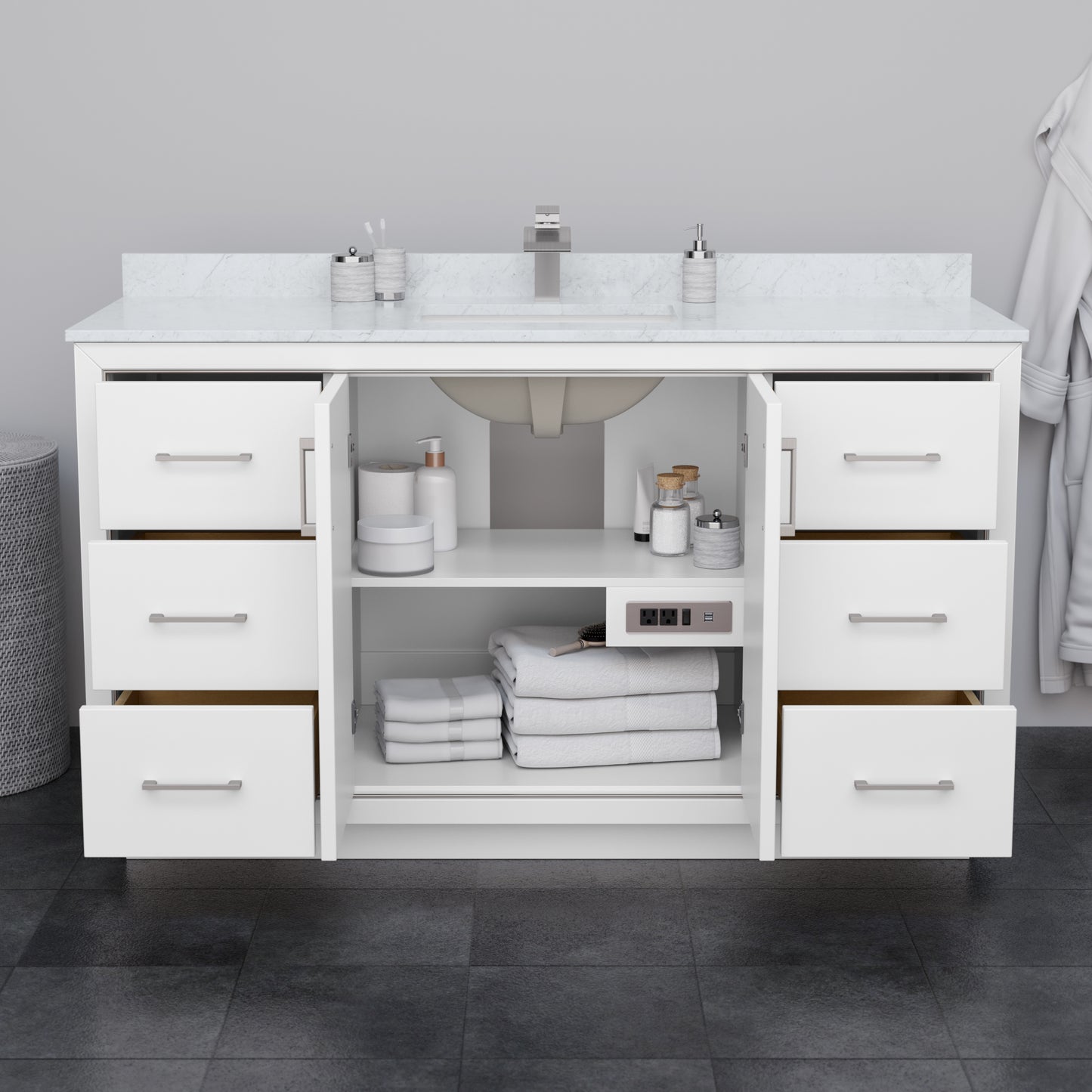 Wyndham Icon 60 Inch Single Bathroom Vanity in White with Carrara Cultured Marble Countertop, Undermount Square Sink and Satin Bronze Trim - Luxe Bathroom Vanities