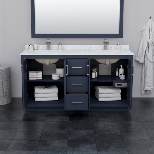 Wyndham Icon 66 Inch Double Bathroom Vanity Carrara Cultured Marble Countertop with Undermount Square Sinks and Brushed Nickel Trim - Luxe Bathroom Vanities