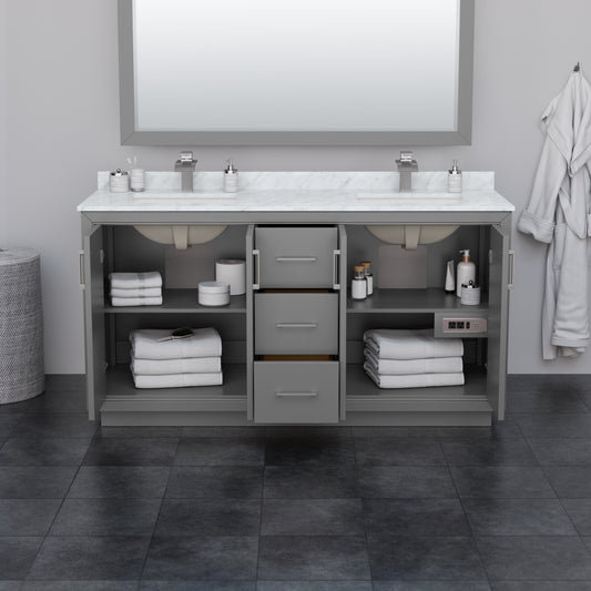 Wyndham Icon 66 Inch Double Bathroom Vanity Carrara Cultured Marble Countertop with Undermount Square Sinks and Matte Black Trim - Luxe Bathroom Vanities