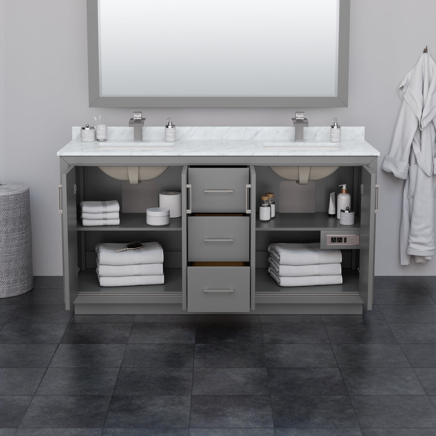 Wyndham Icon 66 Inch Double Bathroom Vanity White Carrara Marble Countertop with Undermount Square Sinks in Brushed Nickel Trim - Luxe Bathroom Vanities