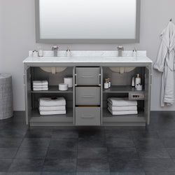 Wyndham Icon 66 Inch Double Bathroom Vanity White Cultured Marble Countertop with Undermount Square Sinks, Matte Black Trim and 58 Inch Mirror - Luxe Bathroom Vanities