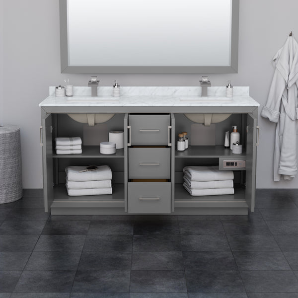 Wyndham Icon 66 Inch Double Bathroom Vanity White Carrara Marble Countertop, Undermount Square Sinks with Matte Black Trim and 58 Inch Mirror - Luxe Bathroom Vanities