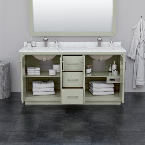 Wyndham Icon 66 Inch Double Bathroom Vanity White Carrara Marble Countertop with Undermount Square Sinks in Brushed Nickel Trim - Luxe Bathroom Vanities