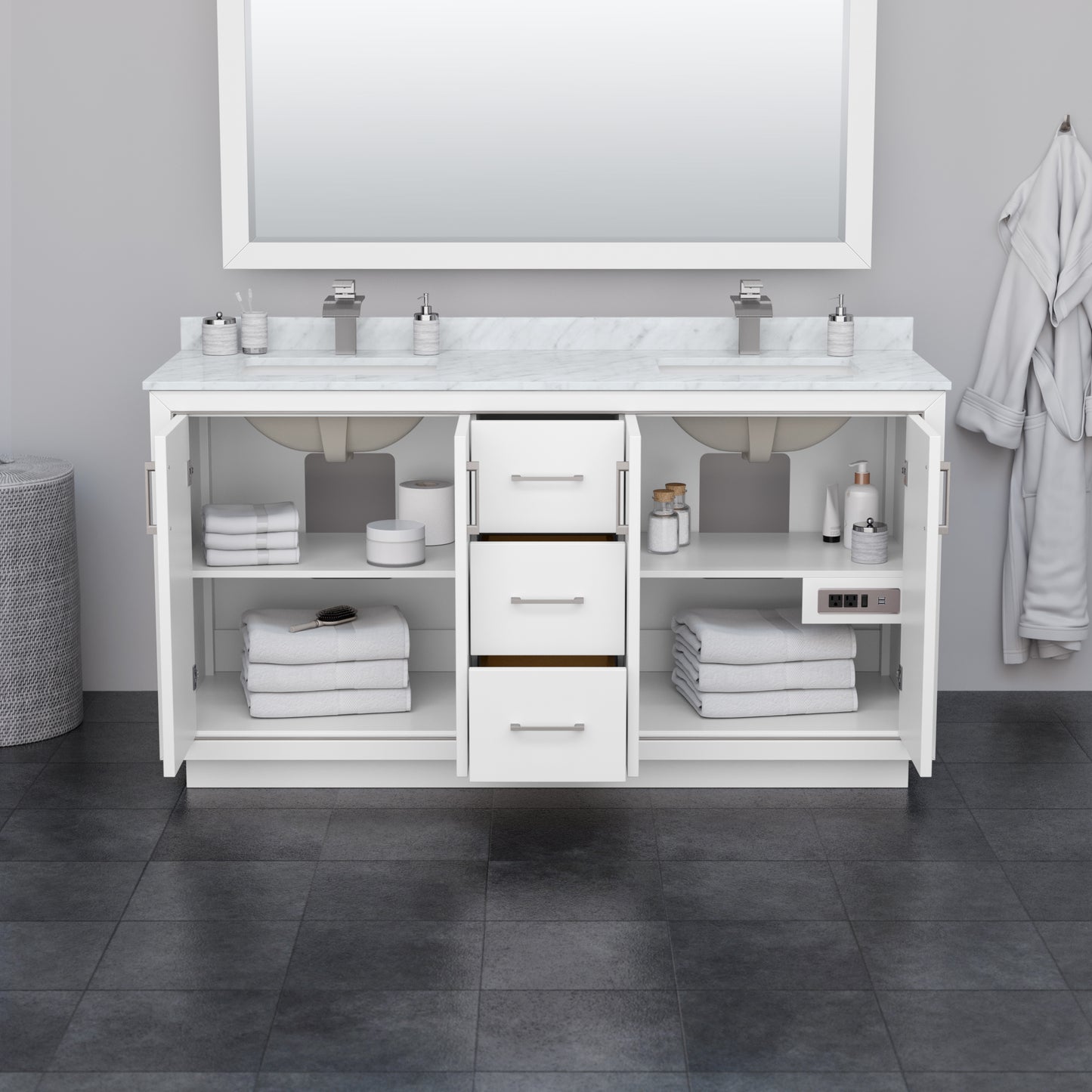 Wyndham Icon 66 Inch Double Bathroom Vanity White Carrara Marble Countertop with Undermount Square Sinks in Brushed Nickel Trim - Luxe Bathroom Vanities