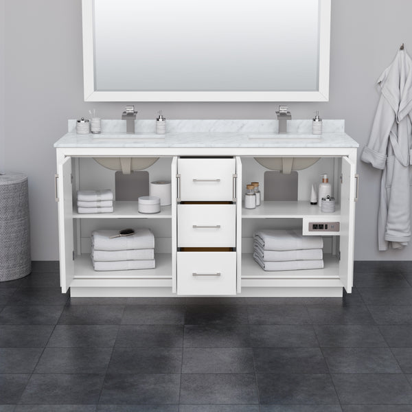 Wyndham Icon 66 Inch Double Bathroom Vanity White Carrara Marble Countertop with Undermount Square Sinks in Brushed Nickel Trim - Luxe Bathroom Vanities