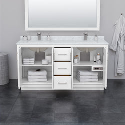 Wyndham Icon 66 Inch Double Bathroom Vanity in White with White Cultured Marble Countertop, Undermount Square Sinks, Satin Bronze Trim and 58 Inch Mirror - Luxe Bathroom Vanities