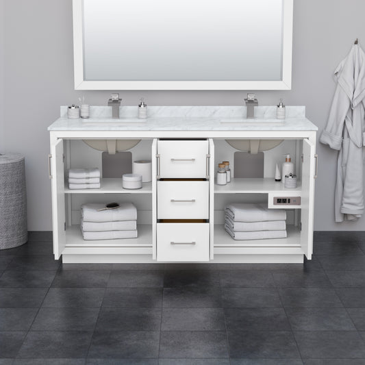 Wyndham Icon 66 Inch Double Bathroom Vanity in White with White Cultured Marble Countertop, Undermount Square Sinks and Satin Bronze Trim - Luxe Bathroom Vanities
