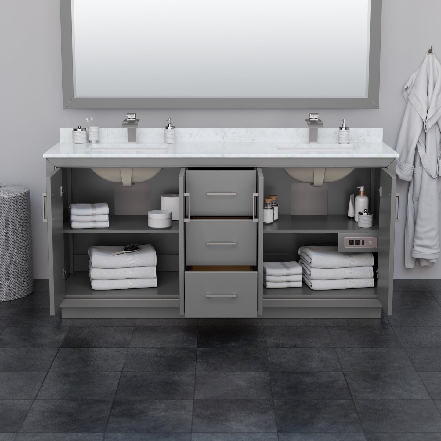Wyndham Icon 72 Inch Double Bathroom Vanity White Cultured Marble Countertop with Undermount Square Sinks and Matte Black Trim - Luxe Bathroom Vanities