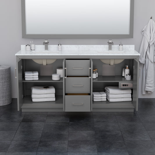 Wyndham Icon 72 Inch Double Bathroom Vanity White Cultured Marble Countertop with Undermount Square Sinks, Matte Black Trim and 70 Inch Mirror - Luxe Bathroom Vanities