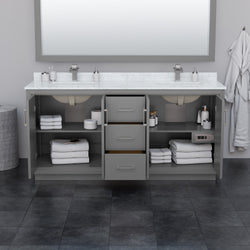 Wyndham Icon 72 Inch Double Bathroom Vanity White Carrara Marble Countertop, Undermount Square Sinks with Brushed Nickel Trim and 70 Inch Mirror - Luxe Bathroom Vanities