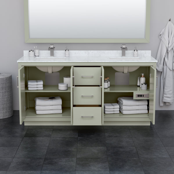 Wyndham Icon 72 Inch Double Bathroom Vanity Carrara Cultured Marble Countertop with Undermount Square Sinks, Brushed Nickel Trim and 70 Inch Mirror - Luxe Bathroom Vanities