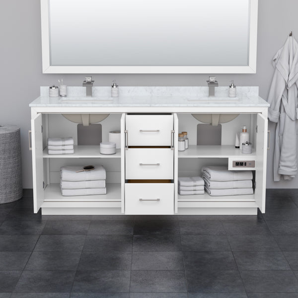 Wyndham Icon 72 Inch Double Bathroom Vanity White Cultured Marble Countertop with Undermount Square Sinks, Matte Black Trim and 70 Inch Mirror - Luxe Bathroom Vanities