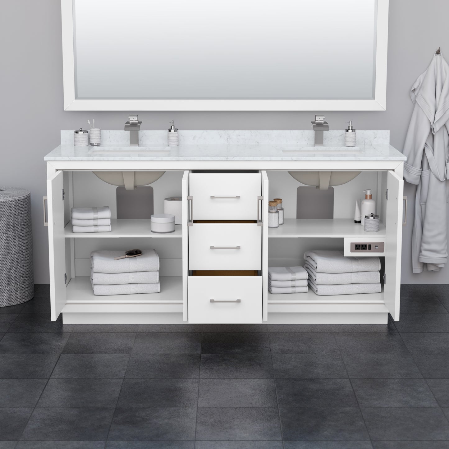 Wyndham Icon 72 Inch Double Bathroom Vanity White Carrara Marble Countertop with Undermount Square Sinks in Brushed Nickel Trim - Luxe Bathroom Vanities