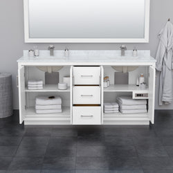 Wyndham Icon 72 Inch Double Bathroom Vanity in White with Carrara Cultured Marble Countertop, Undermount Square Sinks and Satin Bronze Trim - Luxe Bathroom Vanities