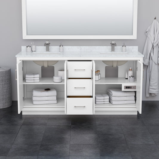 Wyndham Icon 72 Inch Double Bathroom Vanity in White with Carrara Cultured Marble Countertop, Undermount Square Sinks and Satin Bronze Trim - Luxe Bathroom Vanities