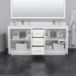 Wyndham Icon 72 Inch Double Bathroom Vanity White Carrara Marble Countertop, Undermount Square Sinks with Matte Black Trim and 70 Inch Mirror - Luxe Bathroom Vanities