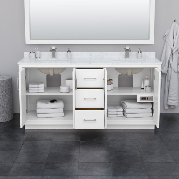 Wyndham Icon 72 Inch Double Bathroom Vanity in White with White Carrara Marble Countertop, Undermount Square Sinks, Satin Bronze Trim and 70 Inch Mirror - Luxe Bathroom Vanities