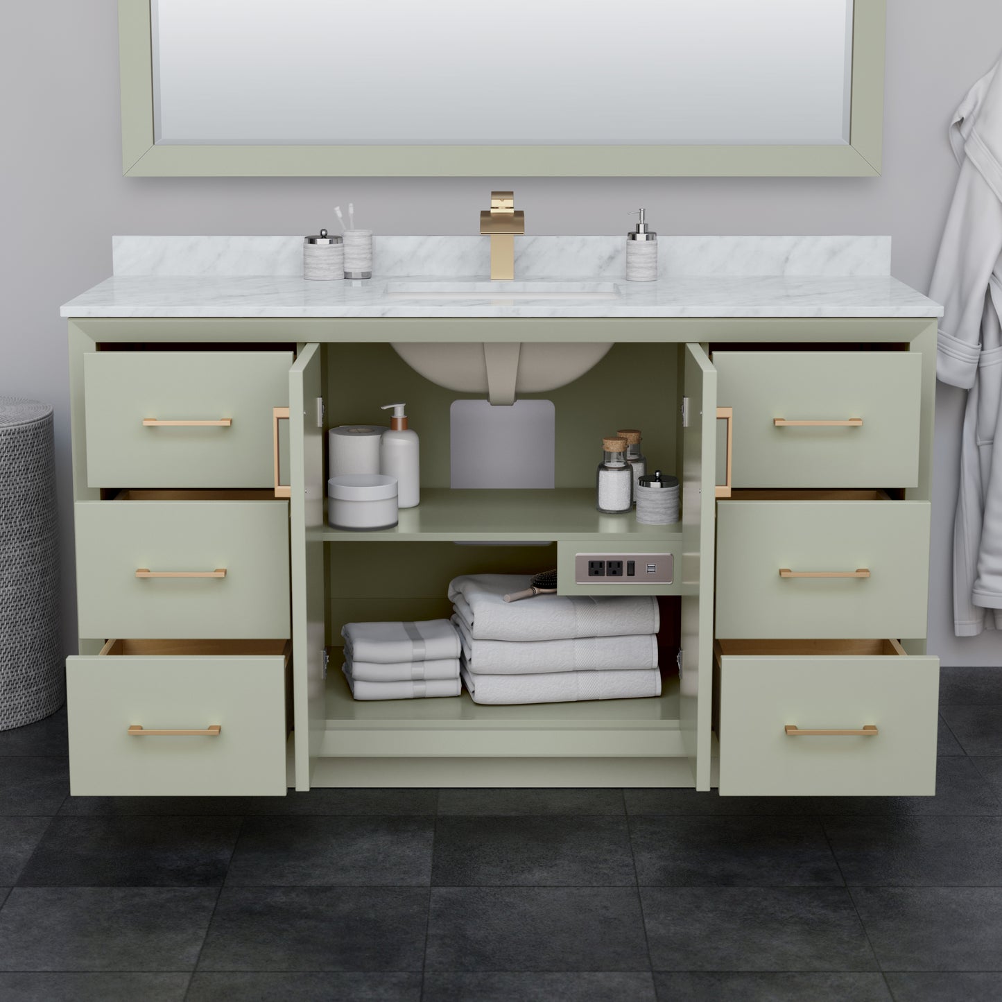 Wyndham Strada 60 Inch Single Bathroom Vanity White Carrara Marble Countertop Undermount Square Sink 58 Inch Mirror - Luxe Bathroom Vanities