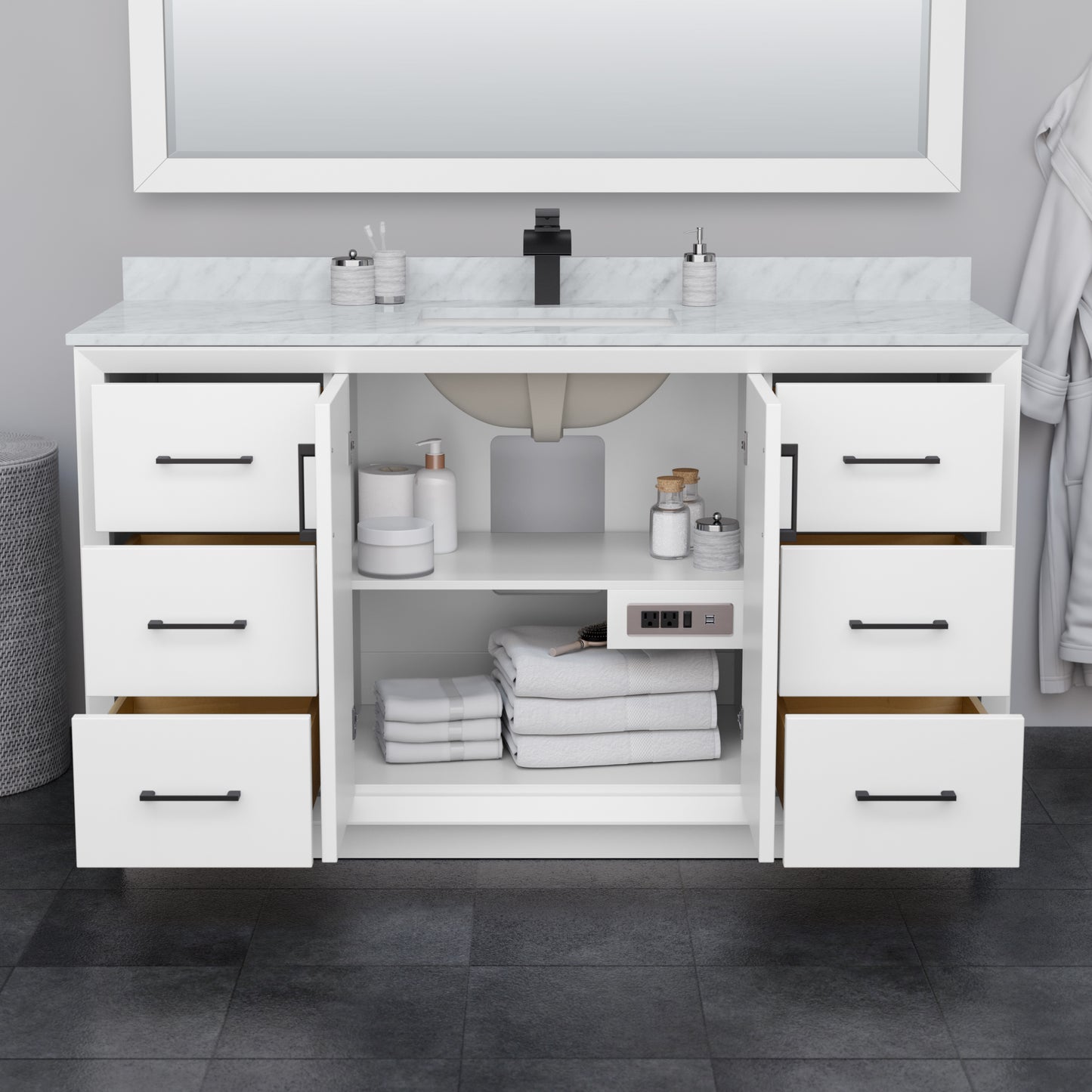 Wyndham Strada 60 Inch Single Bathroom Vanity White Carrara Marble Countertop Undermount Square Sink - Luxe Bathroom Vanities