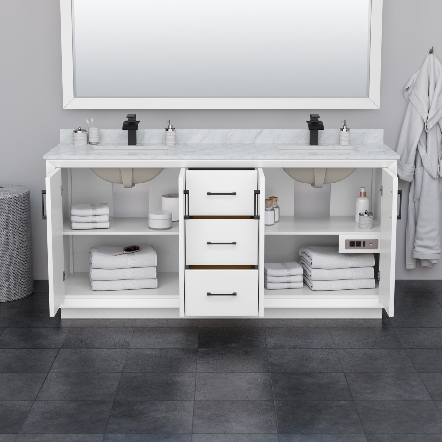 Wyndham Strada 72 Inch Double Bathroom Vanity White Carrara Marble Countertop Undermount Square Sink - Luxe Bathroom Vanities