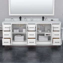 Wyndham Strada 84 Inch Double Bathroom Vanity White Carrara Marble Countertop Undermount Square Sink - Luxe Bathroom Vanities