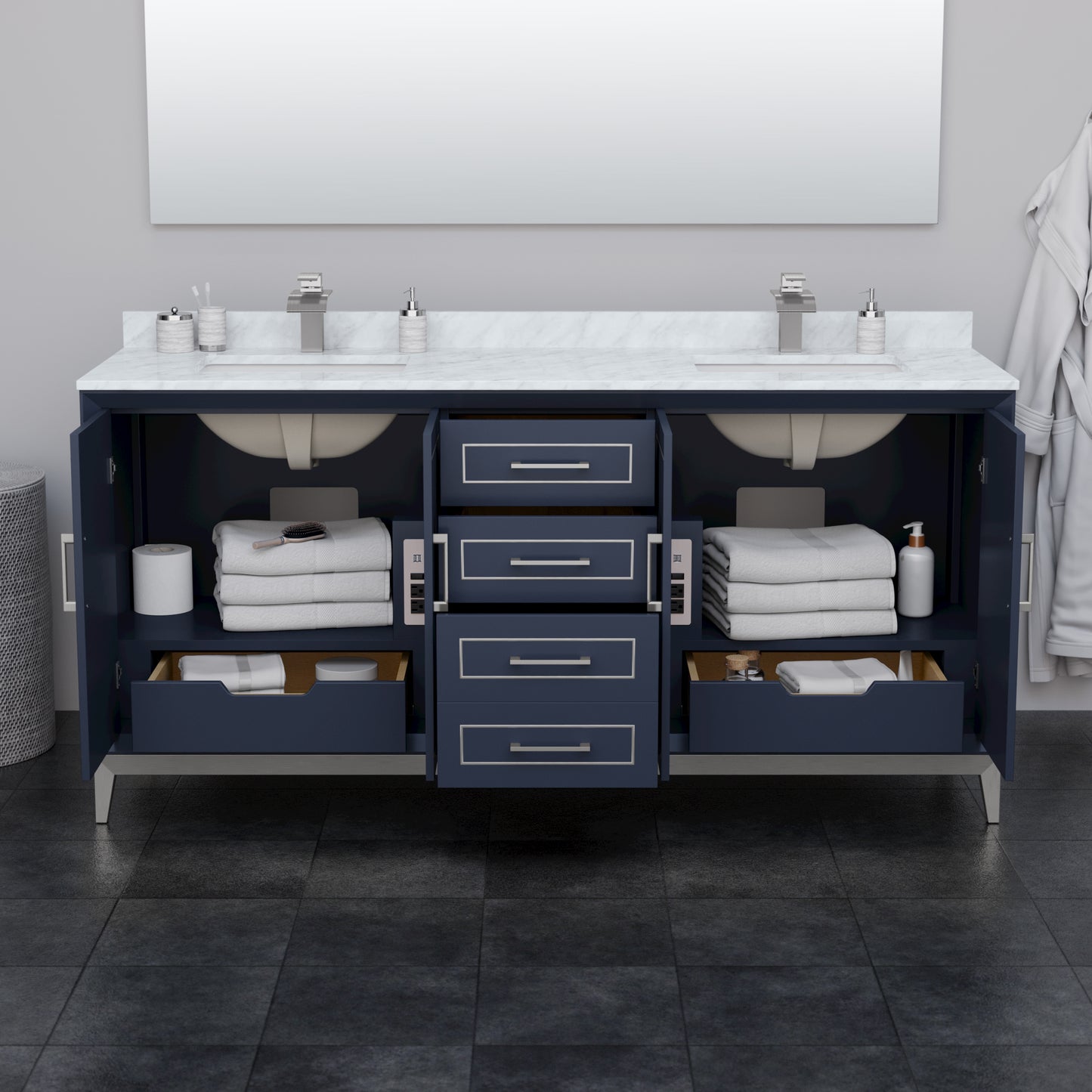 Wyndham Marlena 72 Inch Double Bathroom Vanity with White Carrara Marble Countertop and Sink - Luxe Bathroom Vanities