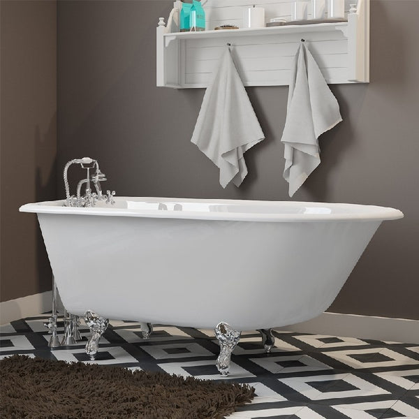 Cast-Iron Rolled Rim Clawfoot Tub 55" X 30" with 3 3/8" Bathtub Wall Faucet Drillings and British Telephone Style Faucet Complete Brushed Nickel Plumbing Package - Luxe Bathroom Vanities