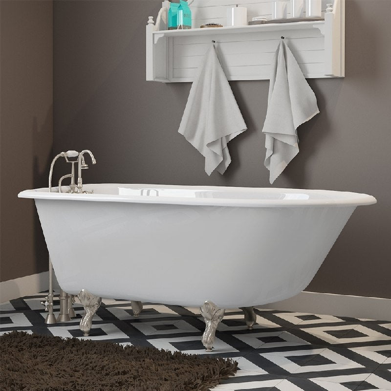 Cast-Iron Rolled Rim Clawfoot Tub 55" X 30" with 3 3/8" Bathtub Wall Faucet Drillings and British Telephone Style Faucet Complete Brushed Nickel Plumbing Package - Luxe Bathroom Vanities