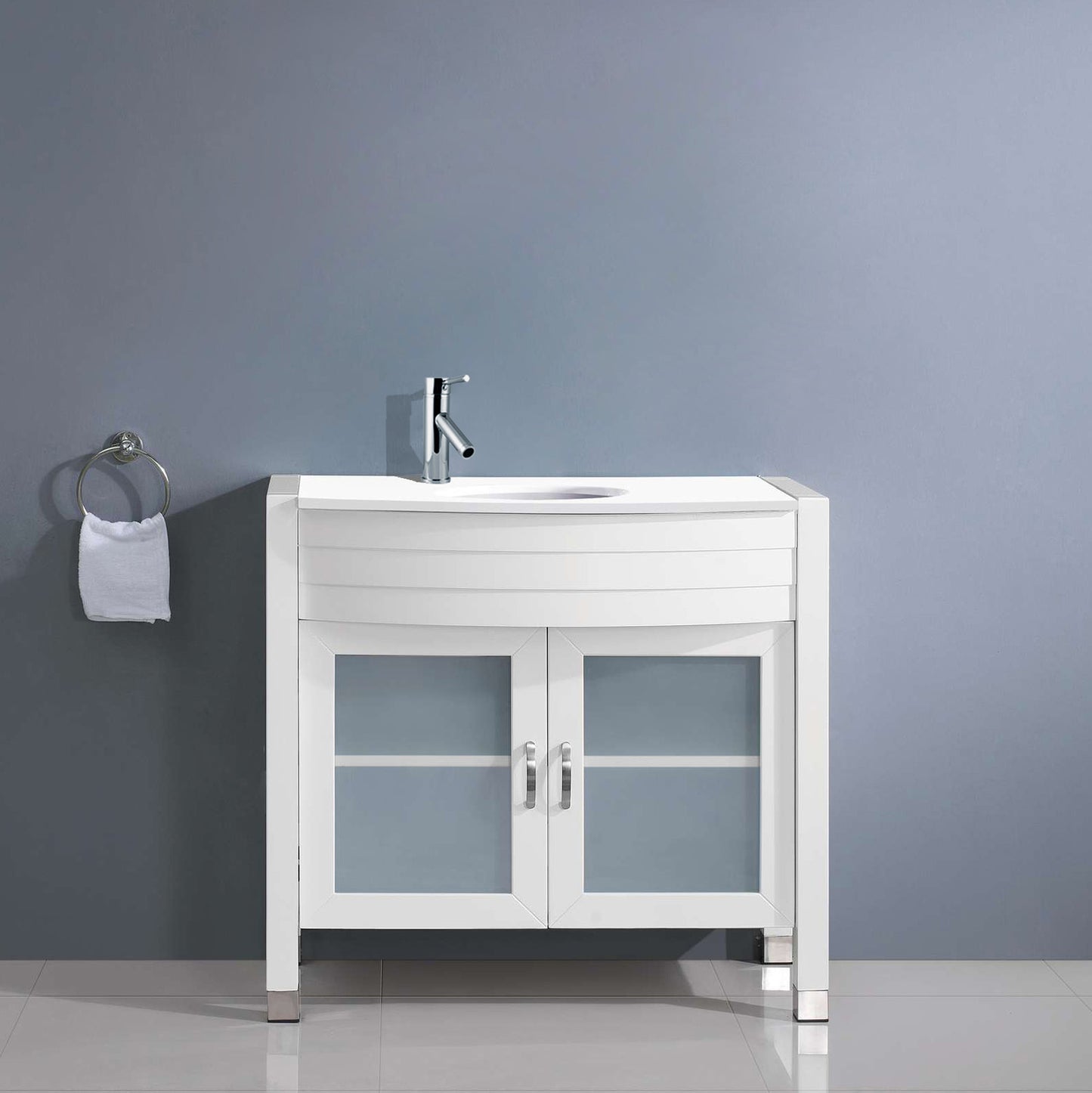 Virtu USA Ava 36" Single Bath Vanity with White Engineered Stone Top and Round Sink with Polished Chrome Faucet and Mirror - Luxe Bathroom Vanities