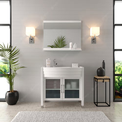 Virtu USA Ava 36" Single Bath Vanity with White Engineered Stone Top and Round Sink with Polished Chrome Faucet and Mirror - Luxe Bathroom Vanities