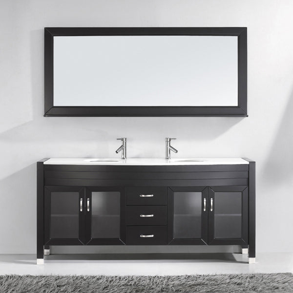 Virtu USA Ava 71" Double Bath Vanity in Espresso with White Engineered Stone Top and Round Sink with Polished Chrome Faucet and Mirror - Luxe Bathroom Vanities Luxury Bathroom Fixtures Bathroom Furniture