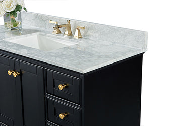 Ancerre Designs Audrey 48 in. Bath Vanity Set with Italian Carrara White Marble Vanity Top and White Undermount Basin with Gold Hardware and 28 in. Onyx Black Mirror - Luxe Bathroom Vanities