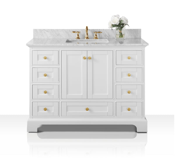 Ancerre Designs Audrey 48 in. Bath Vanity Set with Italian Carrara White Marble Vanity Top and White Undermount Basin with Gold Hardware and 28 in. Onyx Black Mirror - Luxe Bathroom Vanities