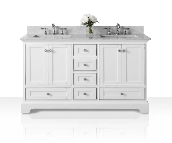 Ancerre Designs Audrey 60 in. Bath Vanity Set with Italian Carrara White Marble Vanity top and White Undermount Basin with Gold Hardware - Luxe Bathroom Vanities