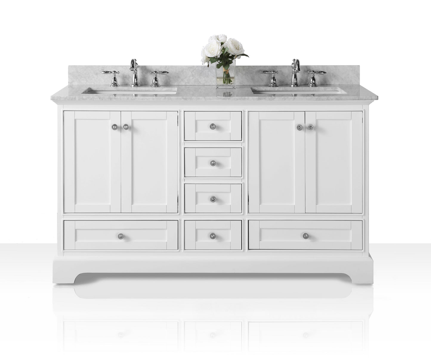 Ancerre Designs Audrey 60 in. Bath Vanity Set with Italian Carrara White Marble Vanity top and White Undermount Basin with Gold Hardware and 24 in. Onyx Black Mirror - Luxe Bathroom Vanities