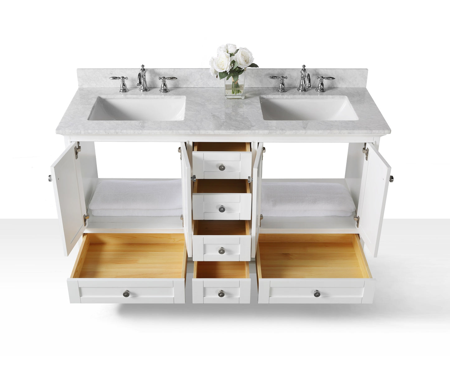 Ancerre Designs Audrey 60 in. Bath Vanity Set with Italian Carrara White Marble Vanity top and White Undermount Basin with Gold Hardware - Luxe Bathroom Vanities