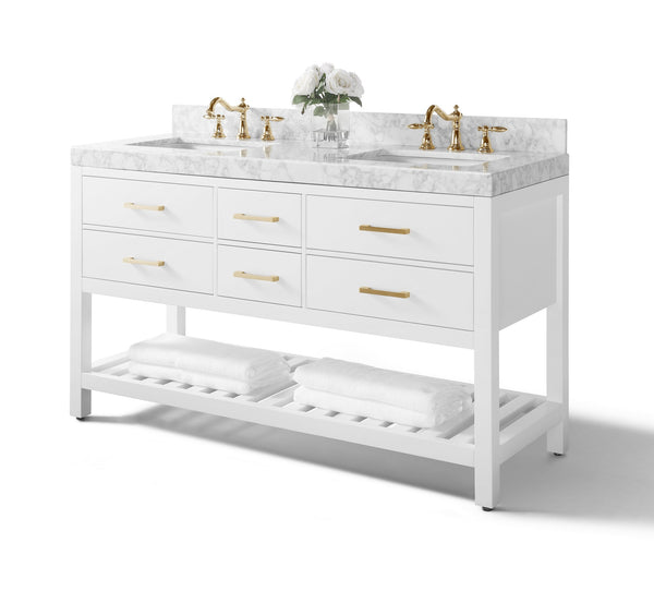 Ancerre Designs Elizabeth 60 in. Bath Vanity Set with Italian Carrara White Marble Vanity top and White Undermount Basin with Gold Hardware - Luxe Bathroom Vanities