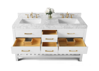 Ancerre Designs Elizabeth 60 in. Bath Vanity Set with Italian Carrara White Marble Vanity top and White Undermount Basin with Gold Hardware - Luxe Bathroom Vanities