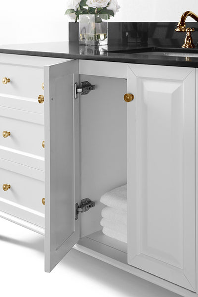 Ancerre Designs Hannah 48 in. Off Centered Right Basin Vanity Set in White with Black Granite Vanity top with Gold Hardware - Luxe Bathroom Vanities
