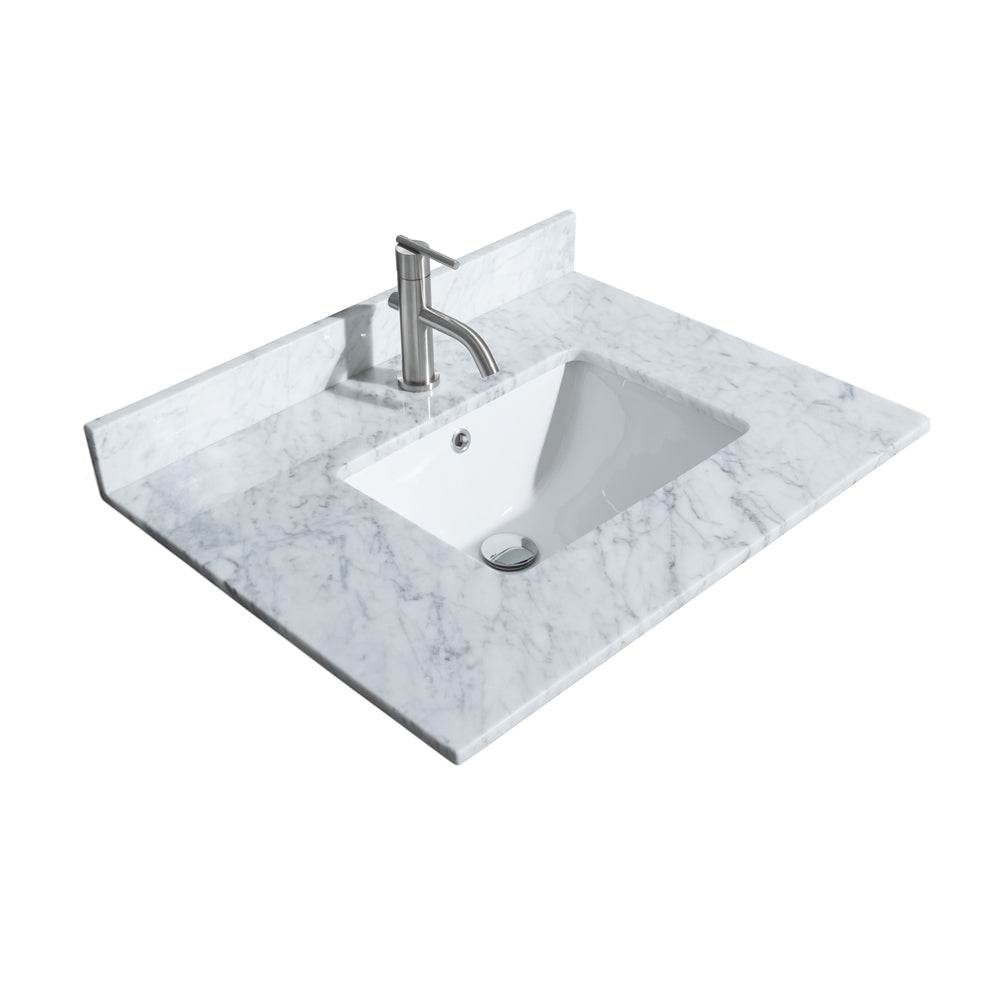 Wyndham Icon 30 Inch Single Bathroom Vanity in White with White Carrara Marble Countertop, Undermount Square Sink, Satin Bronze Trim and 24 Inch Mirror - Luxe Bathroom Vanities