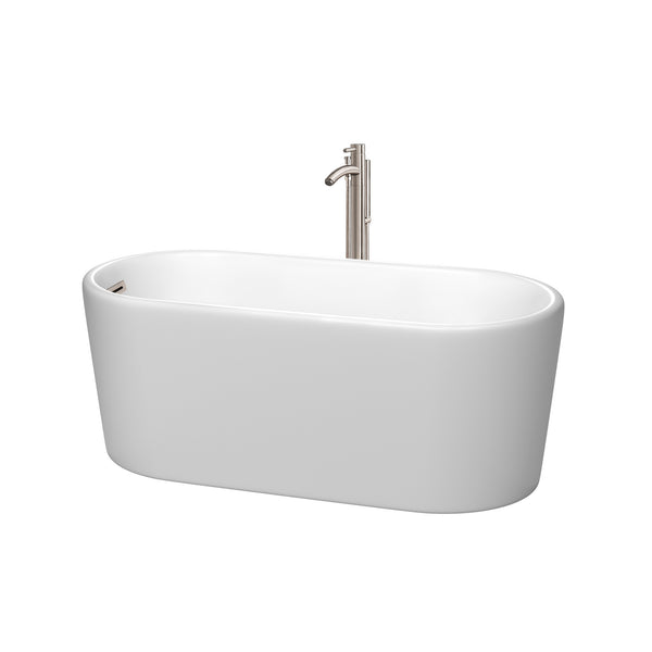 Wyndham Collection Ursula 59 Inch Freestanding Bathtub in Matte White with Floor Mounted Faucet, Drain and Overflow Trim - Luxe Bathroom Vanities