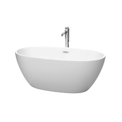 Wyndham Collection Juno Freestanding Bathtub in Matte White with Floor Mounted Faucet, Drain and Overflow Trim - Luxe Bathroom Vanities