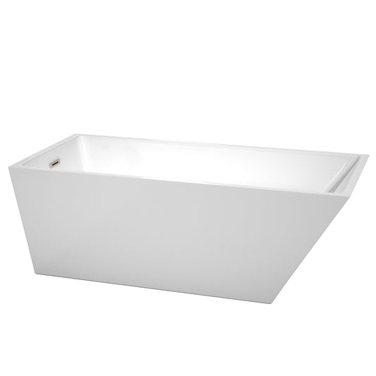 Wyndham Collection Hannah 67 Inch Freestanding Bathtub in White with Brushed Nickel Drain and Overflow Trim - Luxe Bathroom Vanities