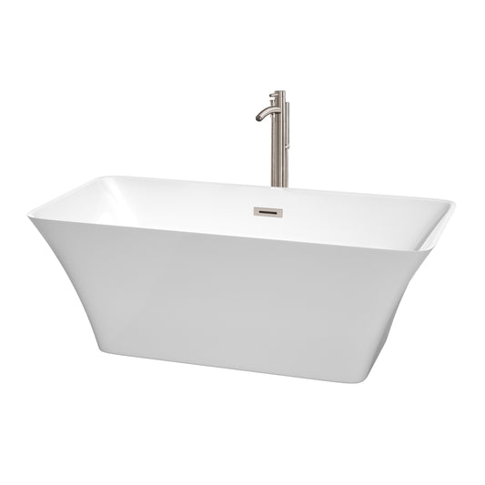 Wyndham Collection Tiffany Freestanding Bathtub in White with Floor Mounted Faucet, Drain and Overflow Trim in Brushed Nickel - Luxe Bathroom Vanities