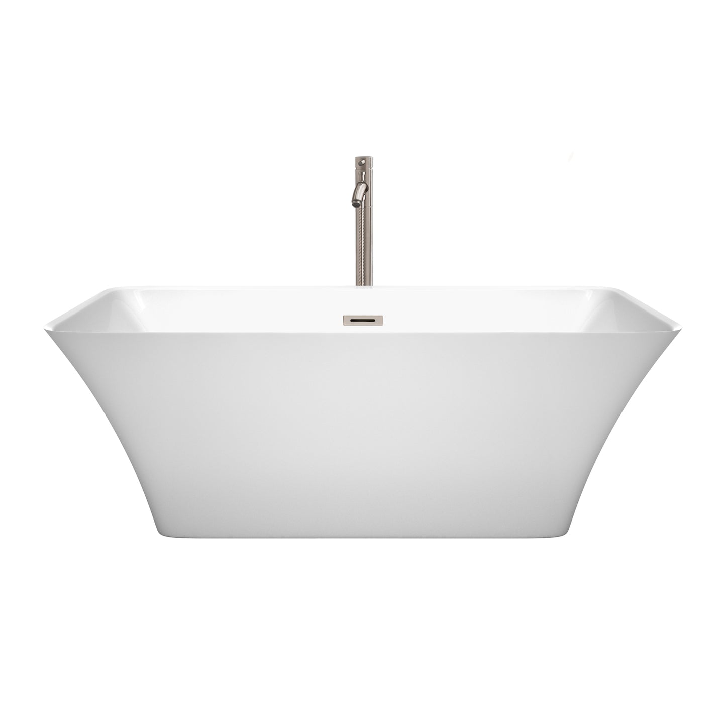 Wyndham Collection Tiffany Freestanding Bathtub in White with Floor Mounted Faucet, Drain and Overflow Trim in Brushed Nickel - Luxe Bathroom Vanities