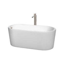 Wyndham Collection Ursula 59 Inch Freestanding Bathtub in White with Brushed Nickel Drain and Overflow Trim - Luxe Bathroom Vanities