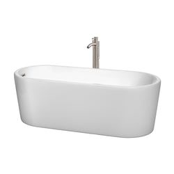 Wyndham Collection Ursula 67 Inch Freestanding Bathtub in White with Brushed Nickel Drain and Overflow Trim - Luxe Bathroom Vanities