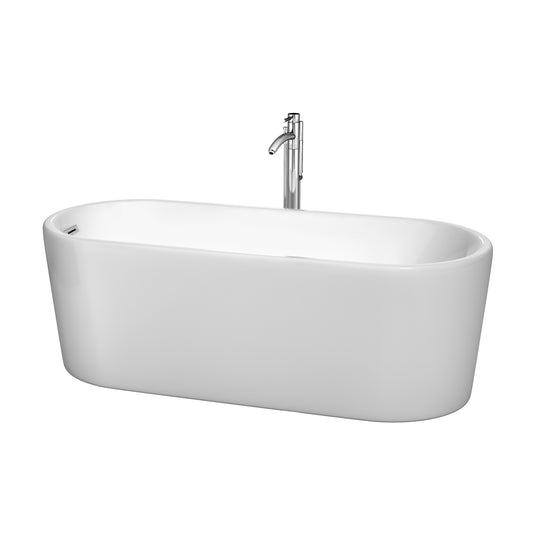 Wyndham Ursula 67 Inch Freestanding Bathtub in White with Floor Mounted Faucet, Drain and Overflow Trim in Polished Chrome - Luxe Bathroom Vanities