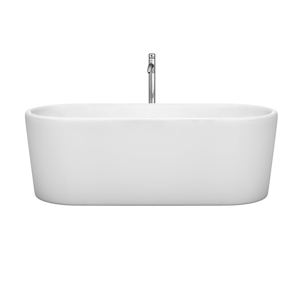 Wyndham Ursula 67 Inch Freestanding Bathtub in White with Floor Mounted Faucet, Drain and Overflow Trim in Polished Chrome - Luxe Bathroom Vanities